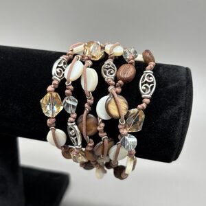 Brighton Riviera Bracelet Shell Multi Strand Mother of Pearl Wood Crystal Boho
